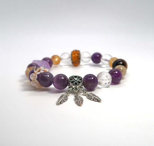 Amethyst &amp; Weißer Kristall Sterling Silber Feder Armband