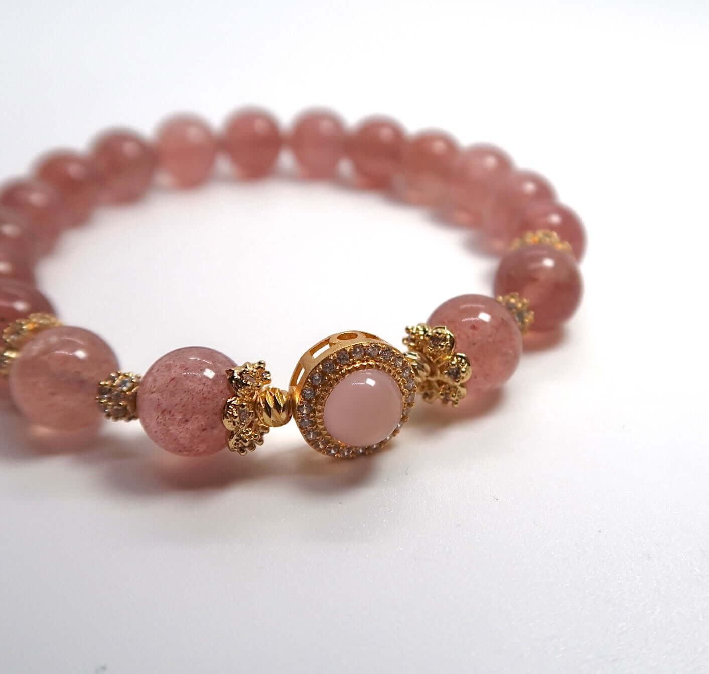 Strawberry Quartz & Rose Quartz Gold-Plated Bracelet with Zirconia - DXbracelet