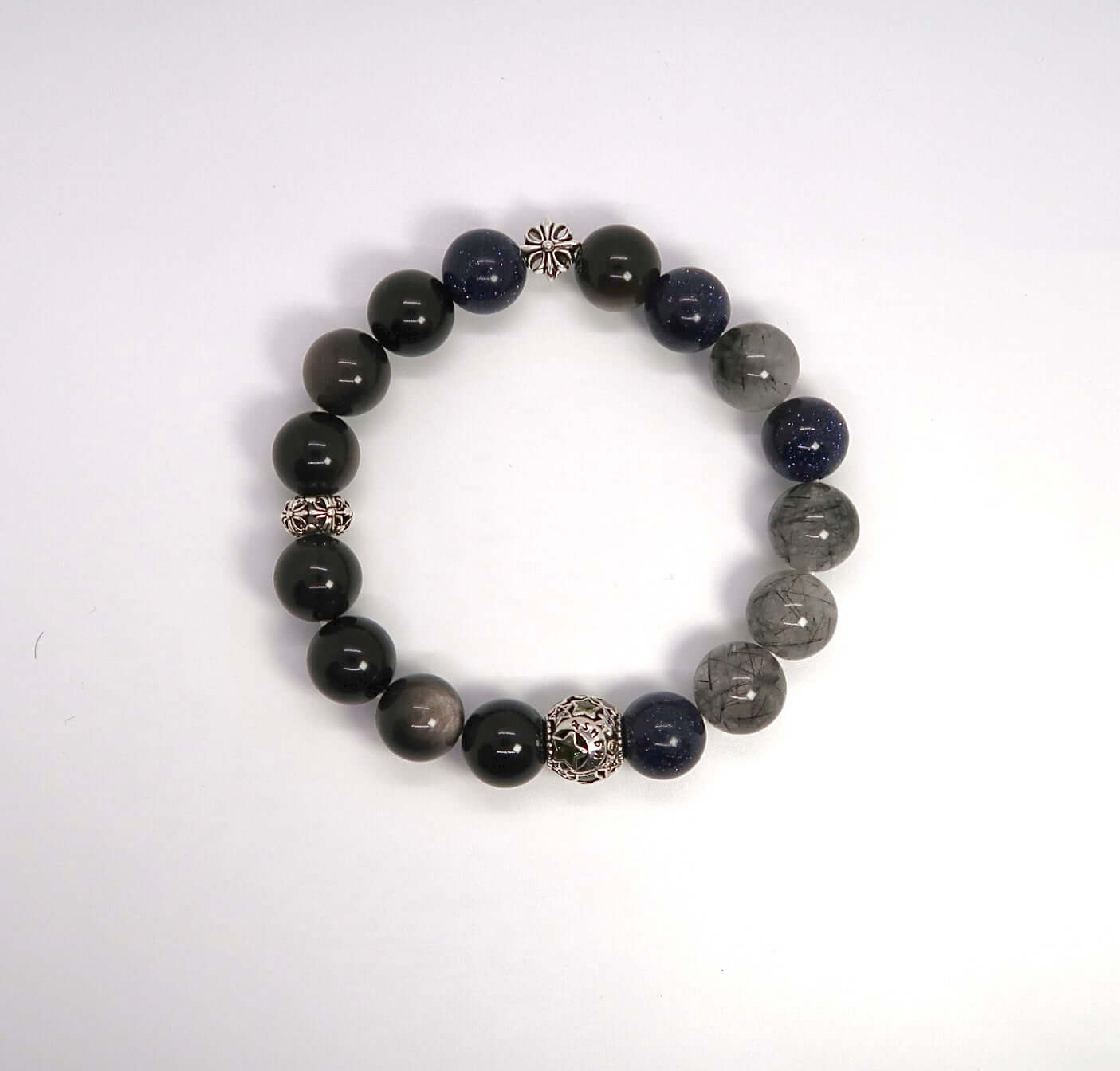 Natural Silver Obsidian&Black Rutilated Quartz Sterling Silver Bracelet - DXbracelet