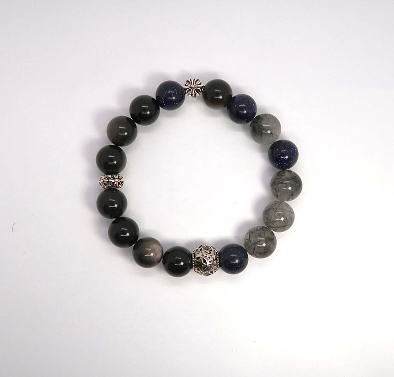 Natural Silver Obsidian&Black Rutilated Quartz Sterling Silver Bracelet - DXbracelet