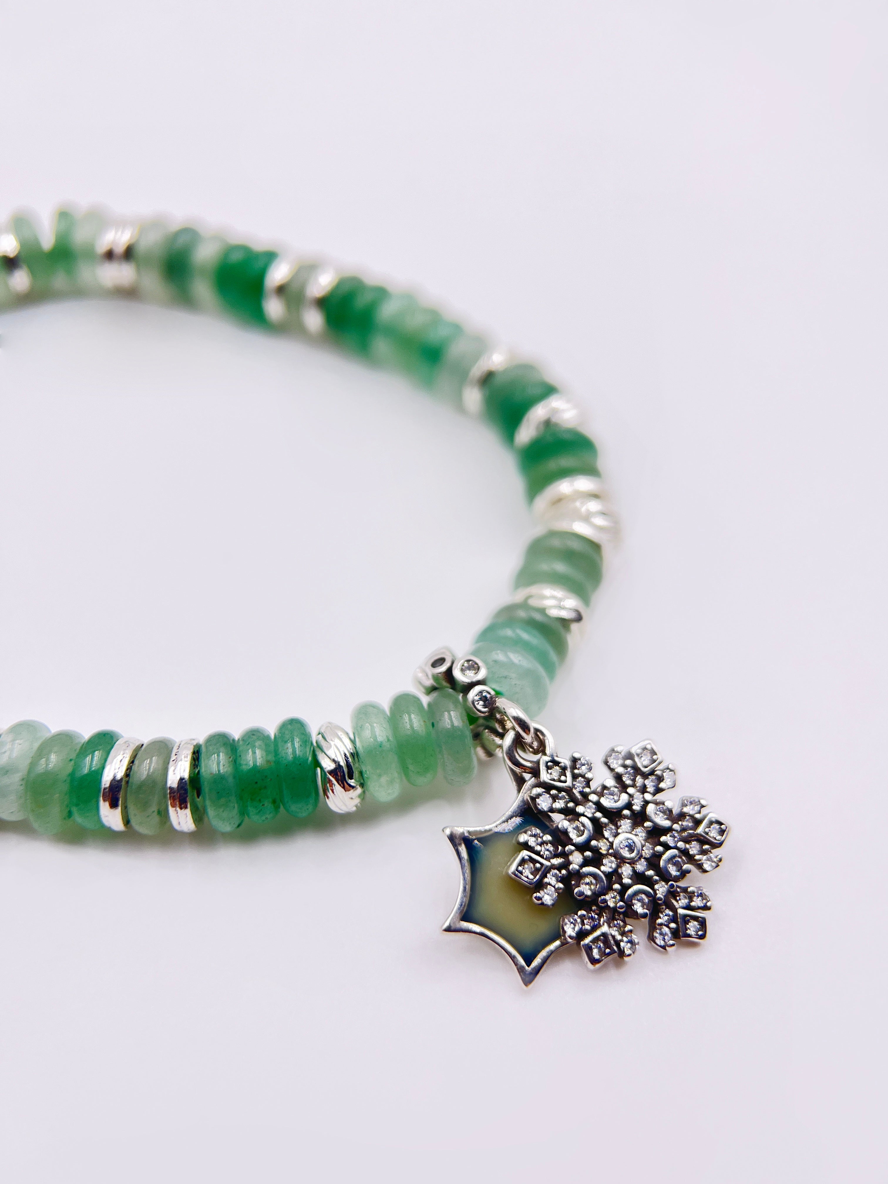 Green Aventurine Bracelet with Fixed Snowflake Charm | Christmas Layering Jewelry