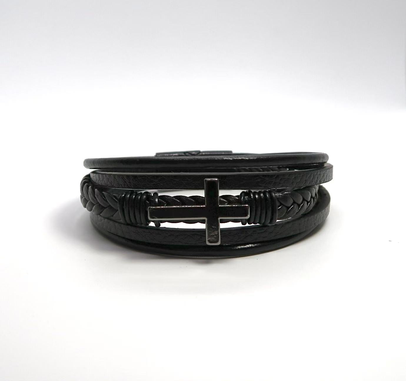 Cross Titanium Steel Bracelet with Braided Leather Accent