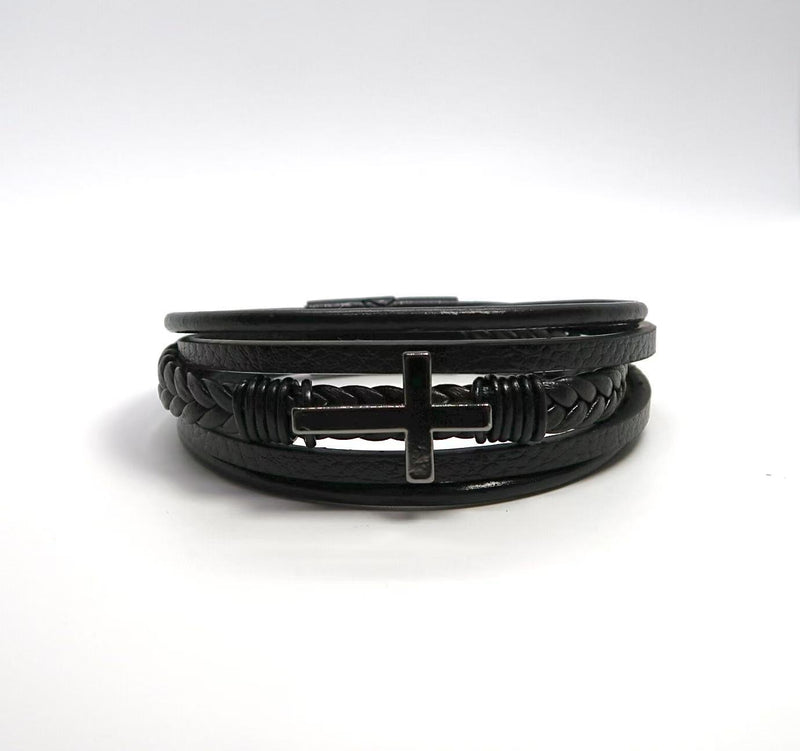 Cross Titanium Steel Bracelet with Braided Leather Accent