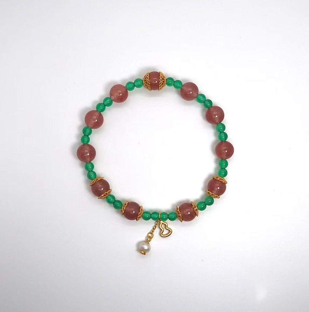 Handmade Strawberry Quartz & Green Agate Bracelet with Silver Gourd Charm