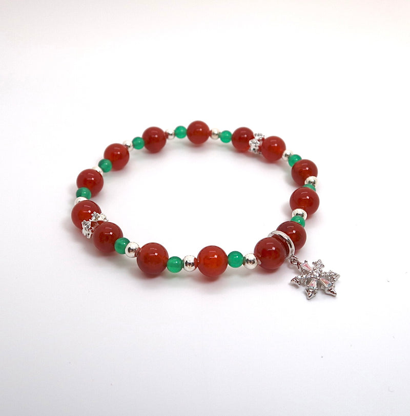 Red Dragon Vein & Green Agate Bracelet with Silver Snowflake Charm