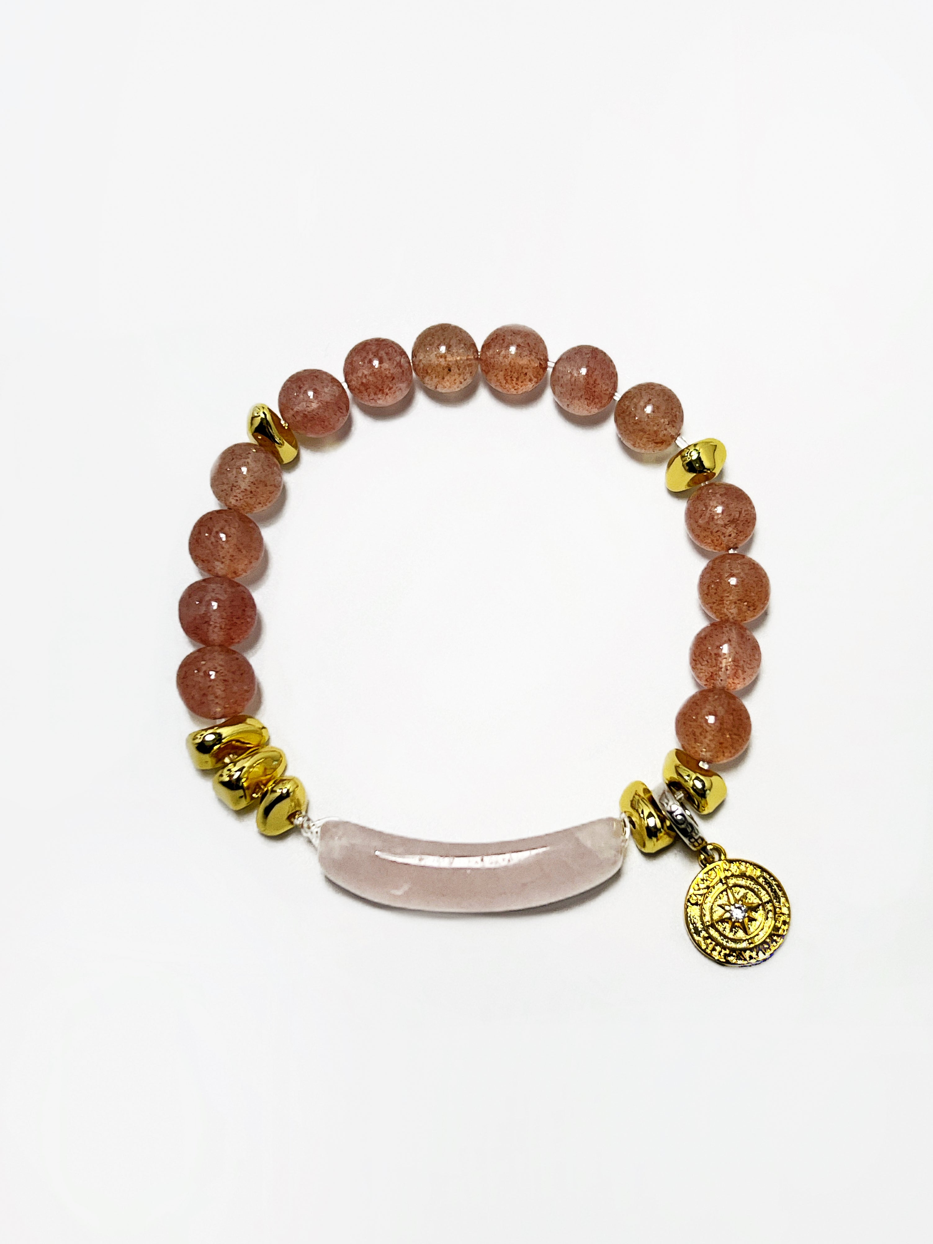 Pink Quartz Bead Bracelet with Silver Accents and Lucky Coin Charm