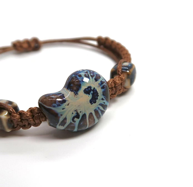 Original Vintage Ceramic Bracelet - Tribal Pattern Braided Cord - DXbracelet