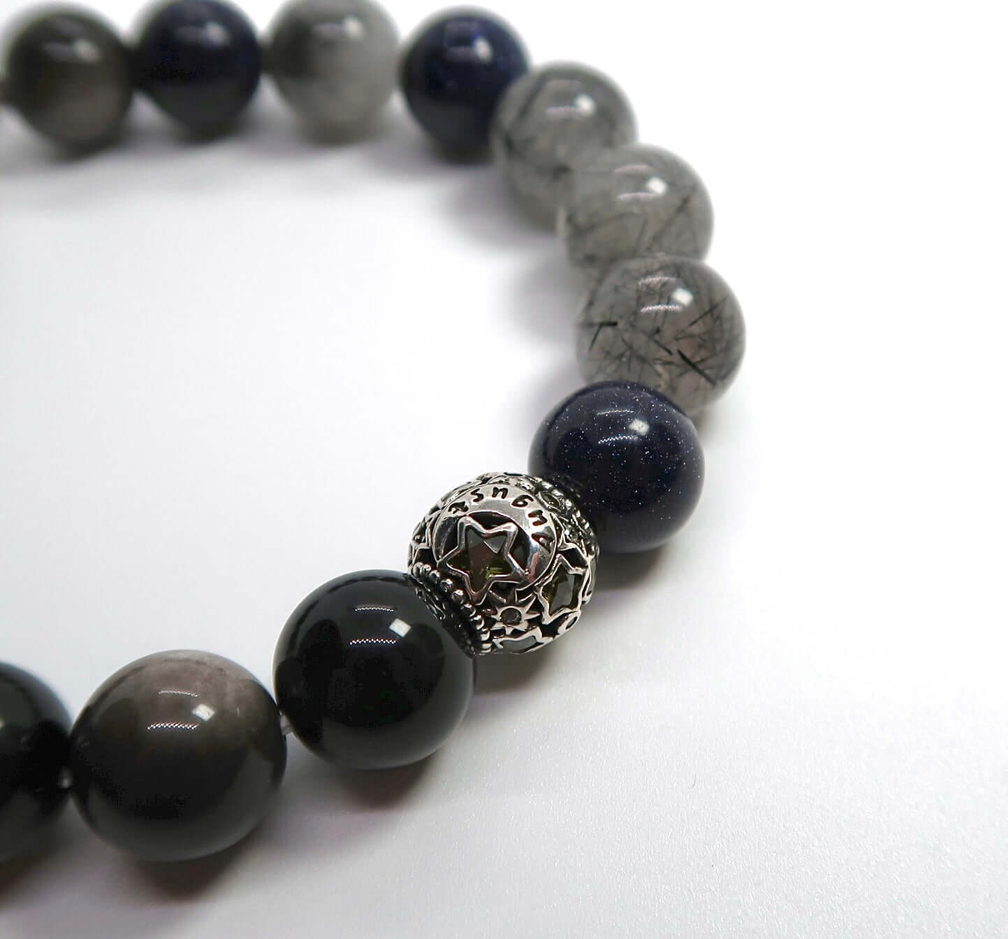 Natural Silver Obsidian&Black Rutilated Quartz Sterling Silver Bracelet - DXbracelet