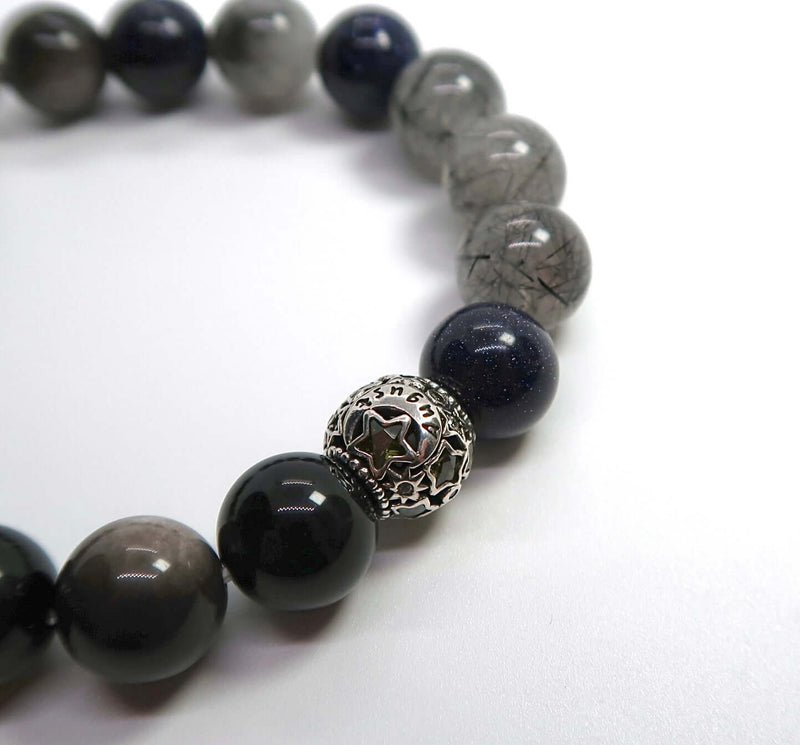 Natural Silver Obsidian&Black Rutilated Quartz Sterling Silver Bracelet - DXbracelet