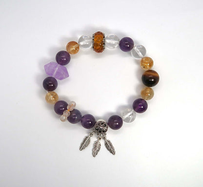 Amethyst &White Crystal Sterling Silver Feather Bracelet - DXbracelet