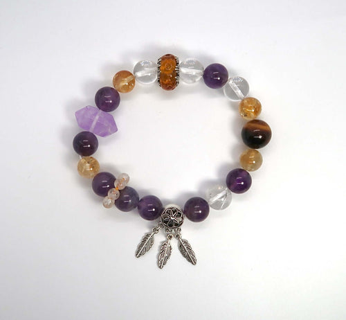Amethyst &amp; Weißer Kristall Sterling Silber Feder Armband