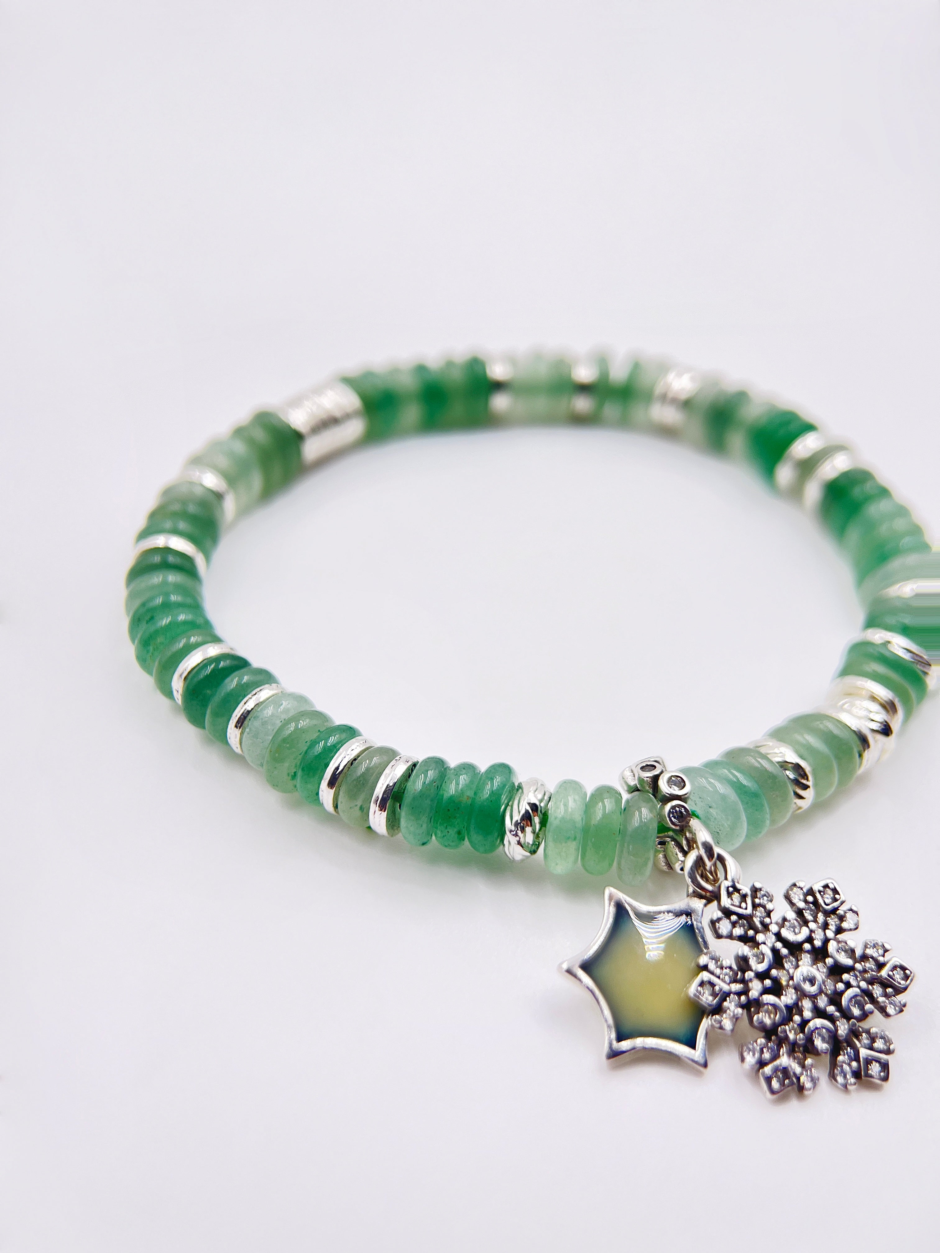 Green Aventurine Bracelet with Fixed Snowflake Charm | Christmas Layering Jewelry