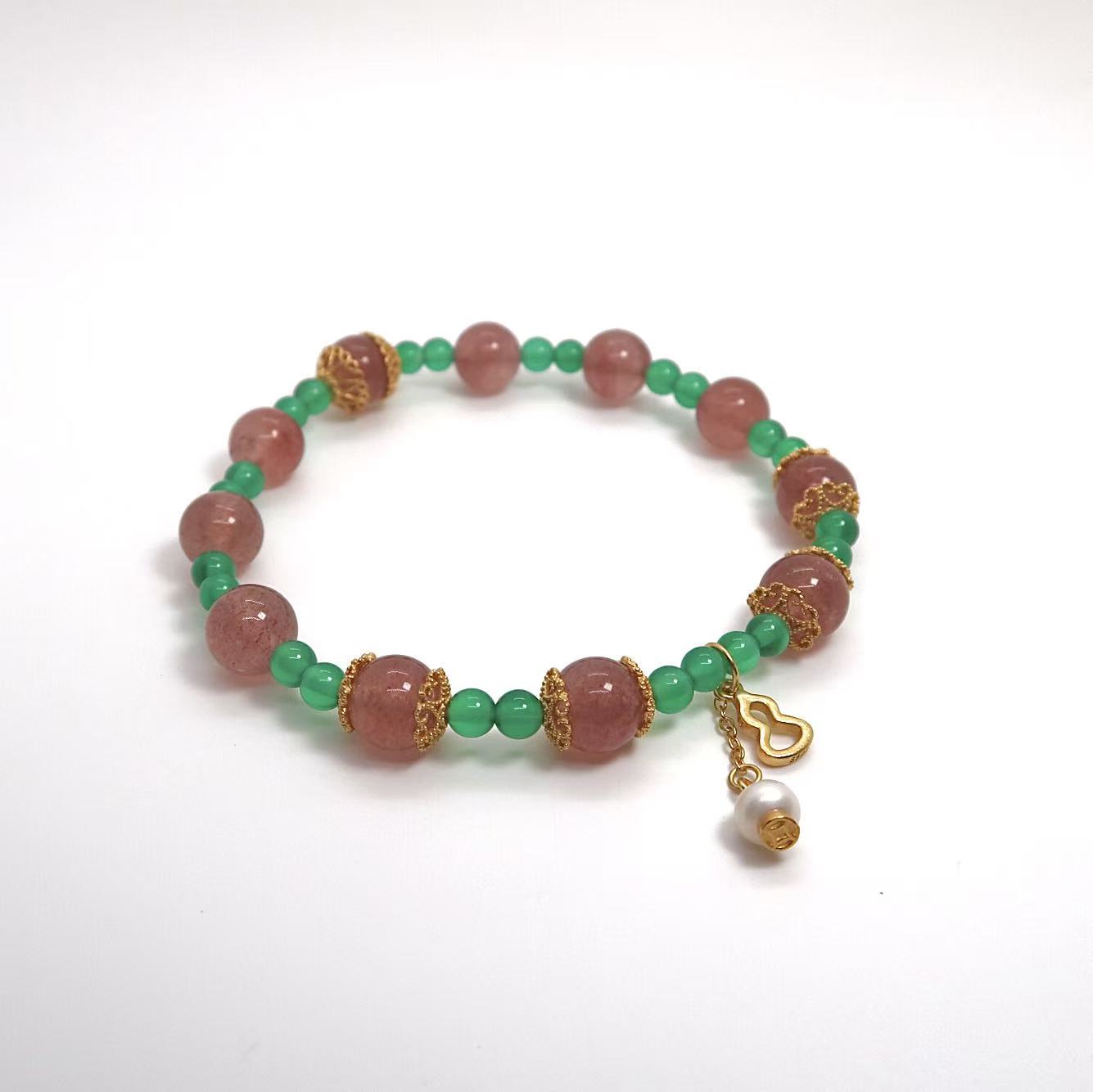 Handmade Strawberry Quartz & Green Agate Bracelet with Silver Gourd Charm