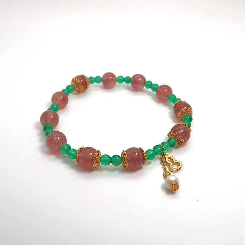 Handmade Strawberry Quartz & Green Agate Bracelet with Silver Gourd Charm