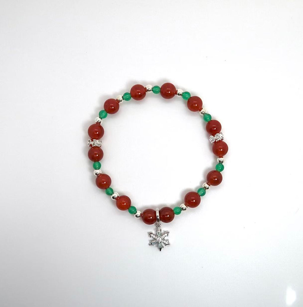 Red Dragon Vein & Green Agate Bracelet with Silver Snowflake Charm