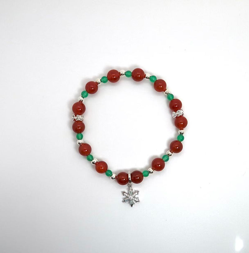 Red Dragon Vein & Green Agate Bracelet with Silver Snowflake Charm