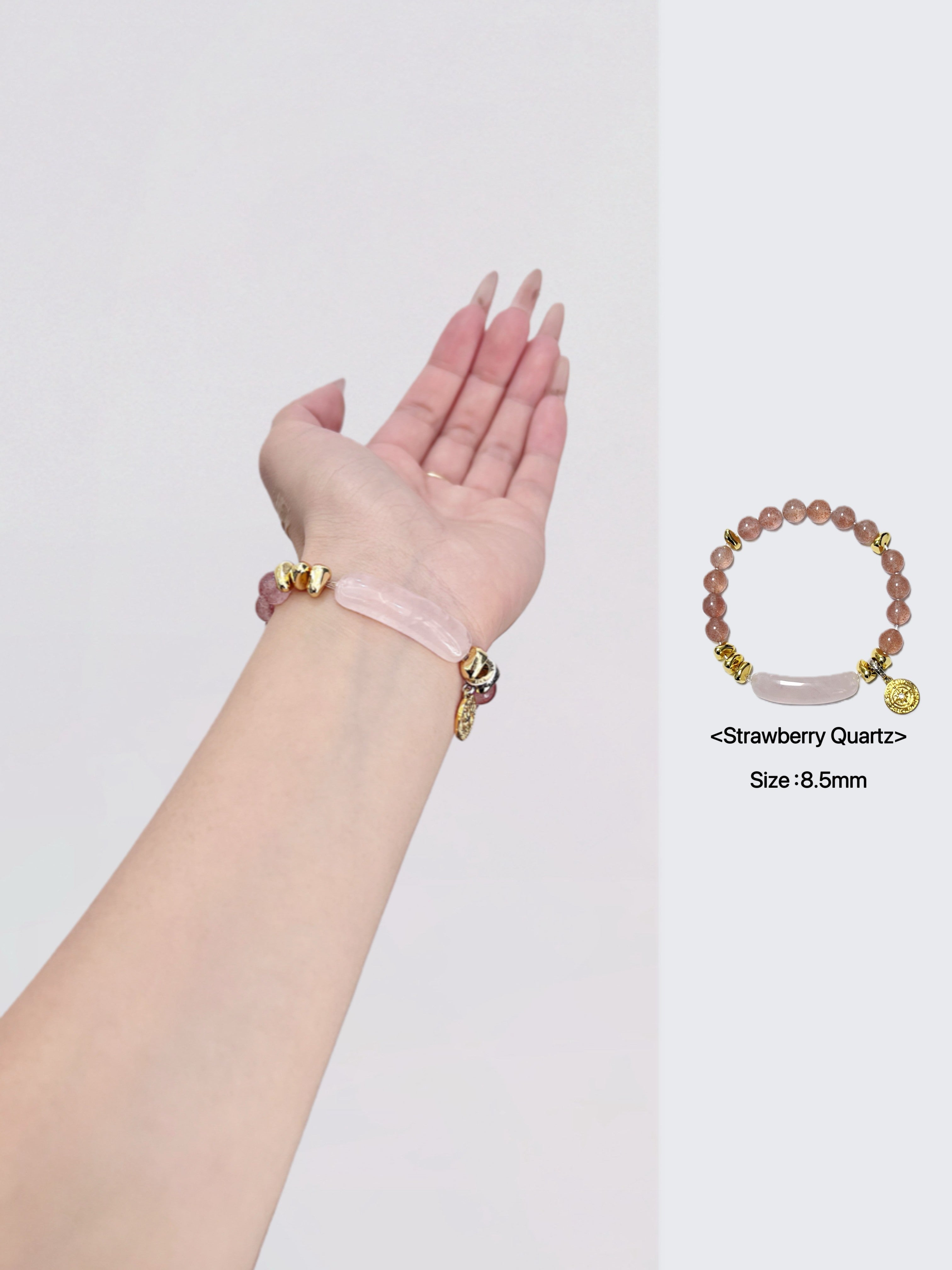 Pink Quartz Bead Bracelet with Silver Accents and Lucky Coin Charm