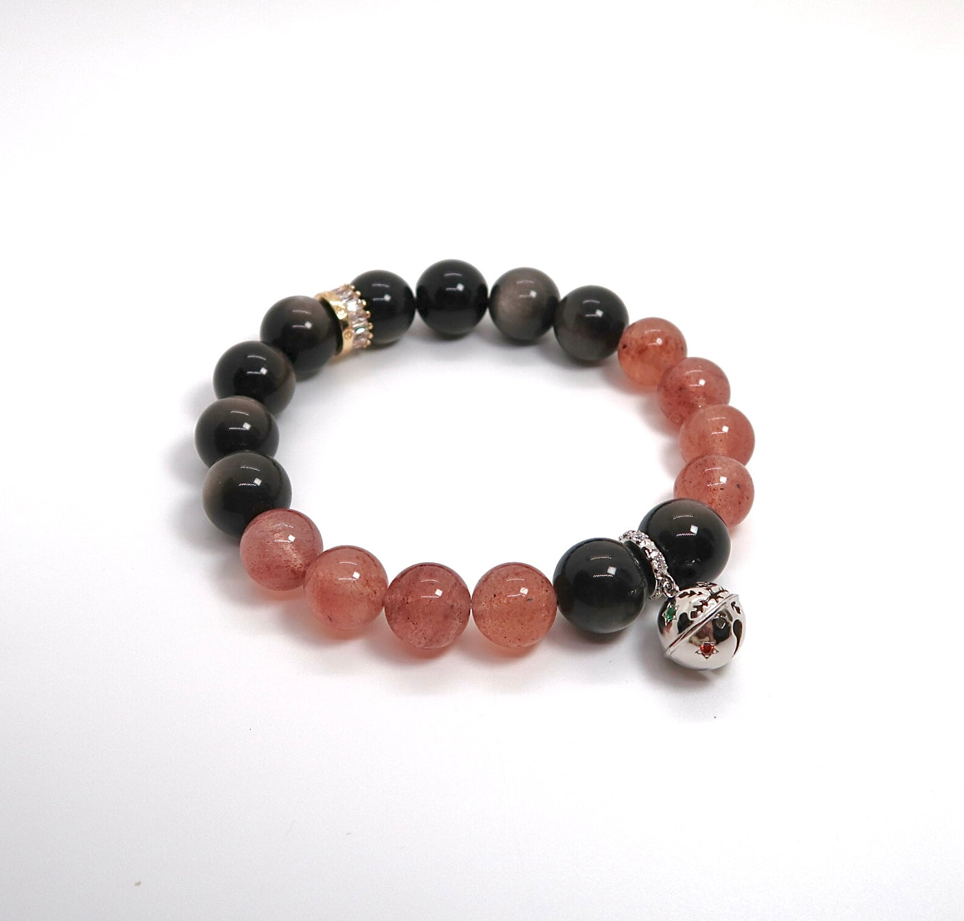 Handmade Silver Obsidian Strawberry Quartz Bracelet with Brass & Silver Charm