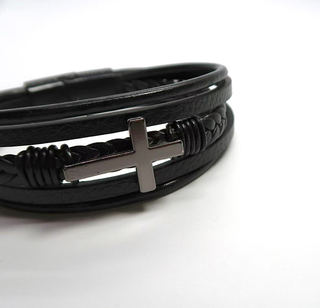Cross Titanium Steel Bracelet with Braided Leather Accent