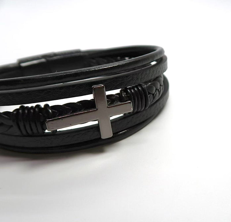Cross Titanium Steel Bracelet with Braided Leather Accent