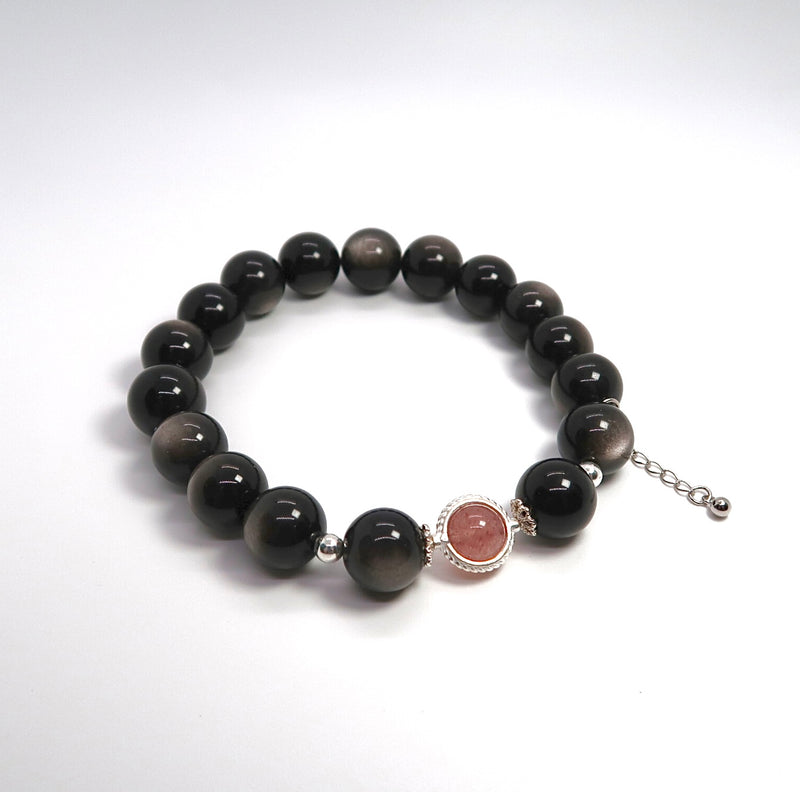 Sterling Silver Strawberry Quartz & Obsidian Bracelet - DXbracelet