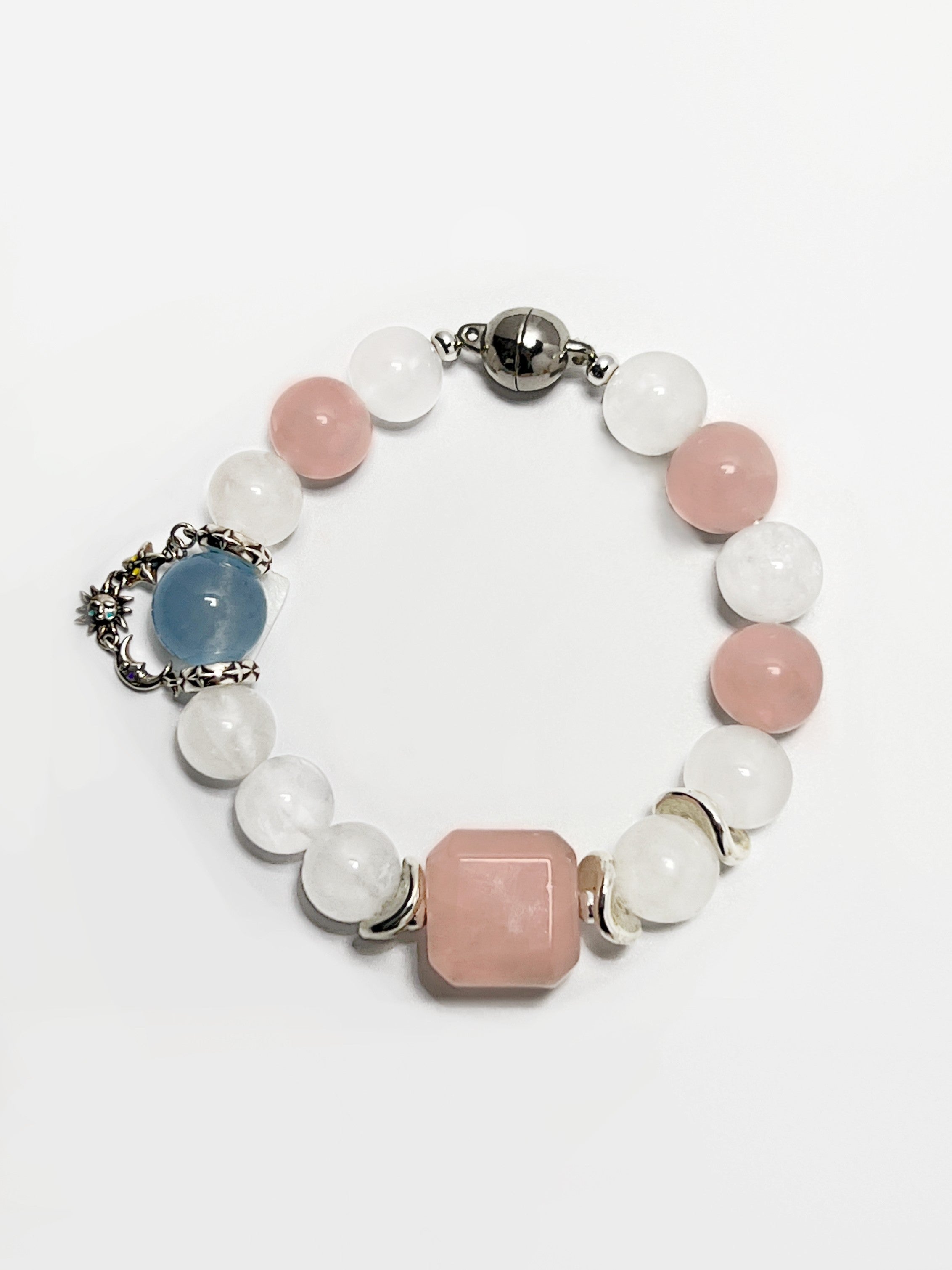 Rose Quartz, White Phantom Quartz, and Blue Chalcedony Tricolor Guardian Bracelet