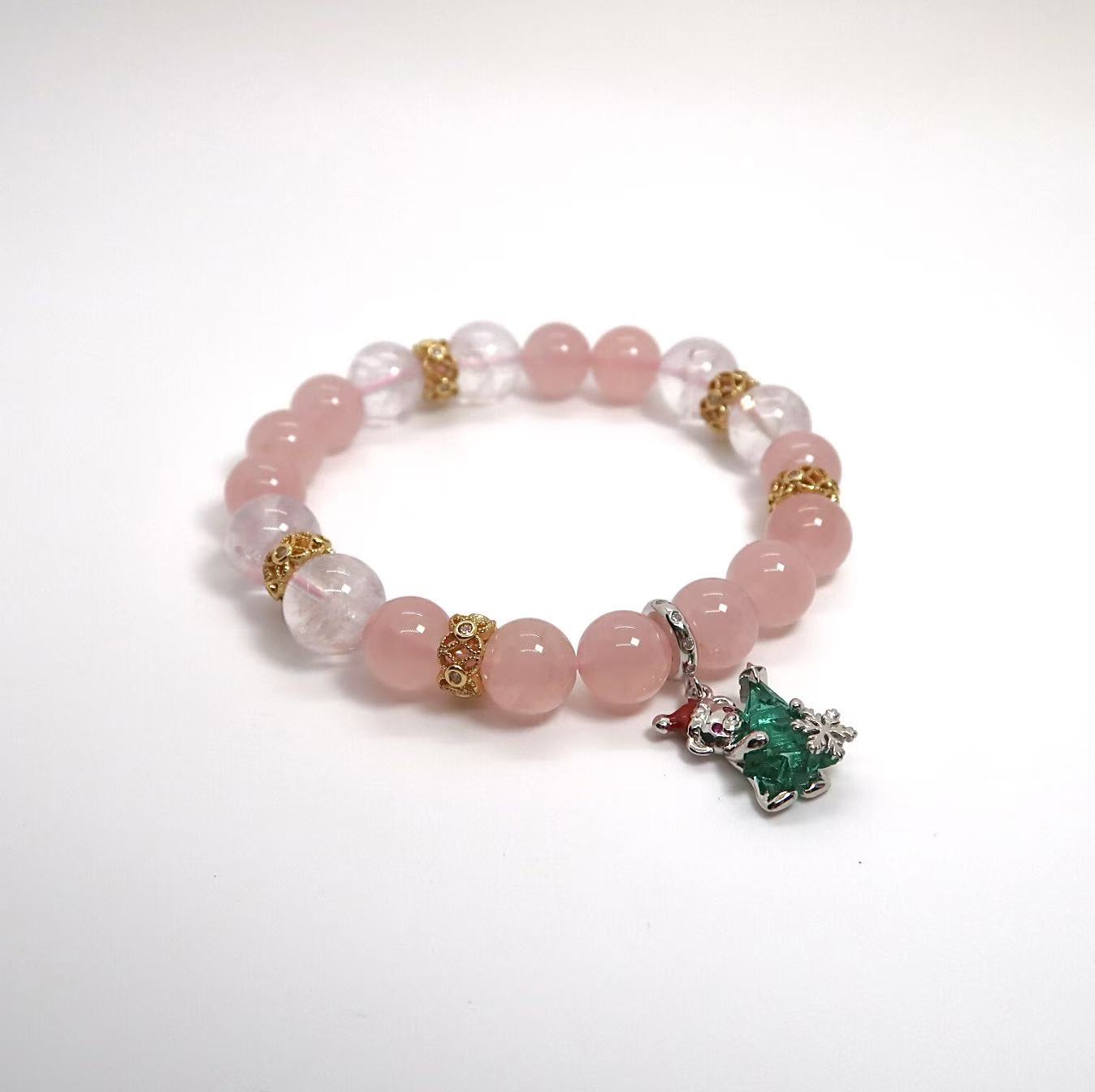 Pink and Lavender Quartz Christmas Bracelet with Bear Charm