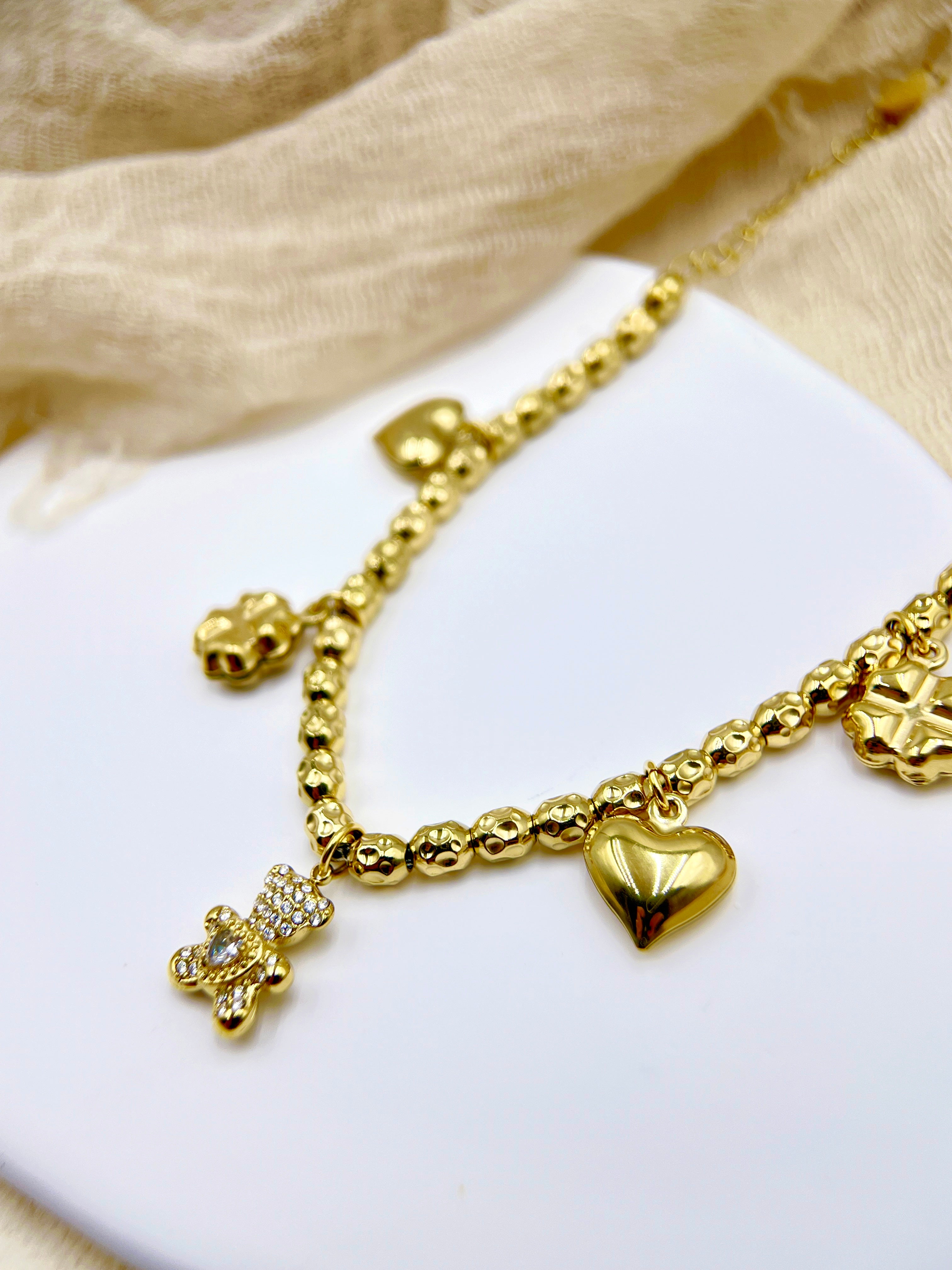 Vintage Gold Beaded Charm Bracelet with Crystal Teddy Bear, Clover & Heart Charms | Cute Gift for Her | Trendy Women's Jewelry