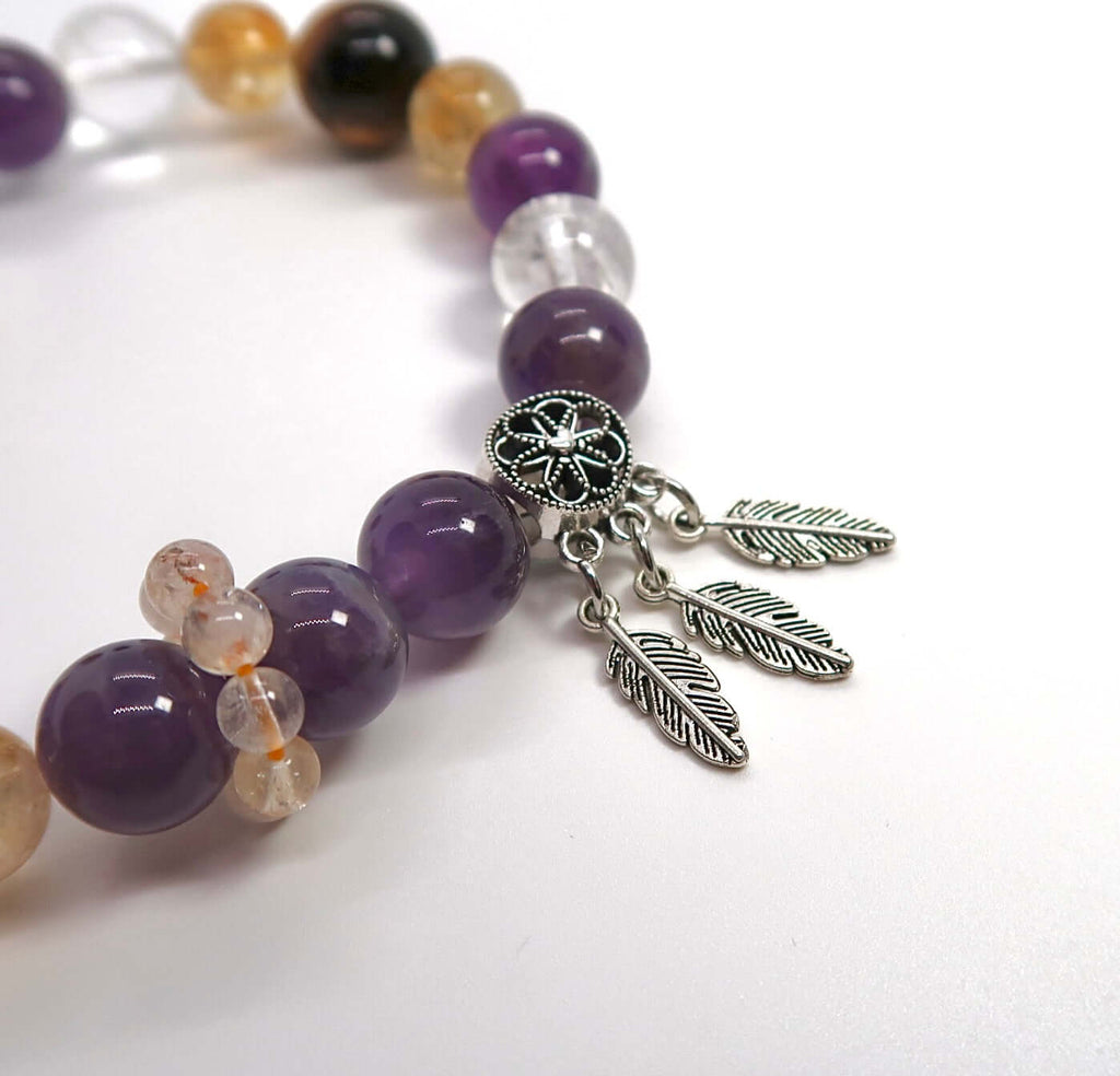Amethyst &amp; Weißer Kristall Sterling Silber Feder Armband