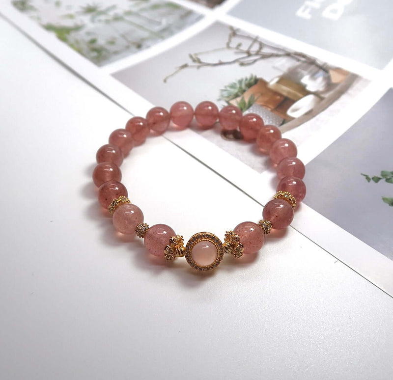 Strawberry Quartz & Rose Quartz Gold-Plated Bracelet with Zirconia - DXbracelet