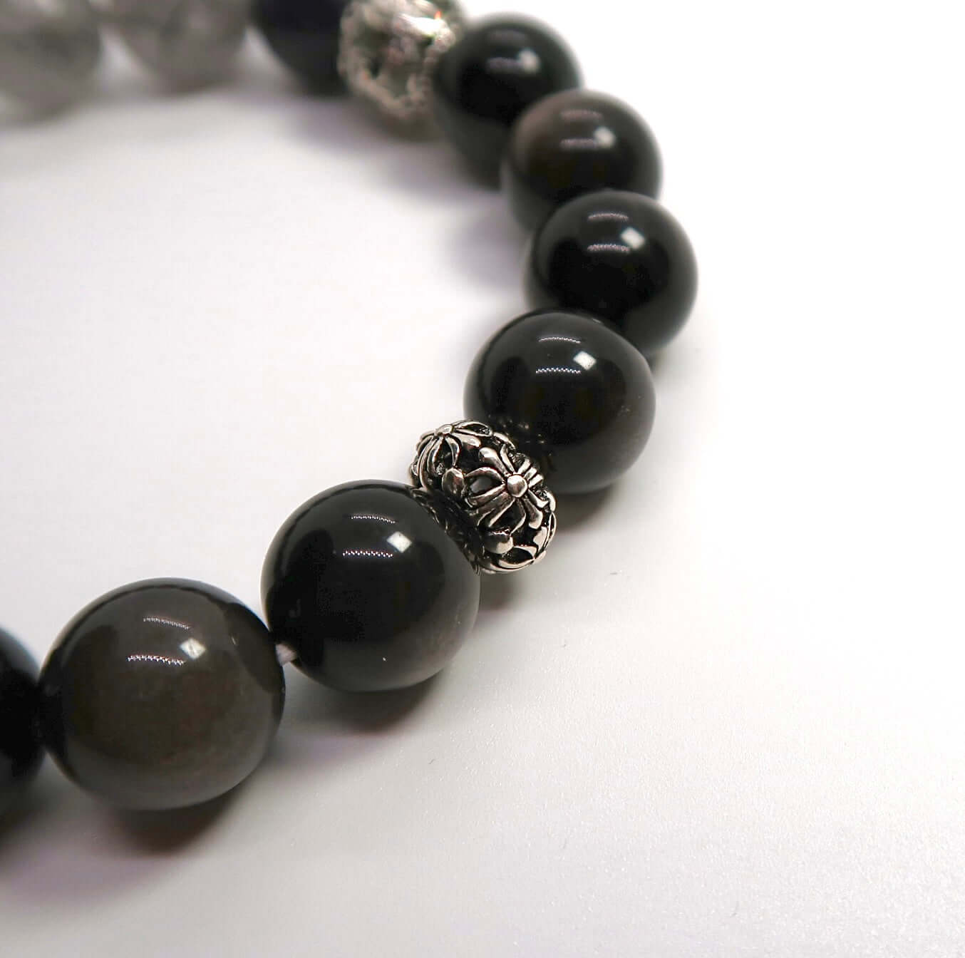 Natural Silver Obsidian&Black Rutilated Quartz Sterling Silver Bracelet - DXbracelet