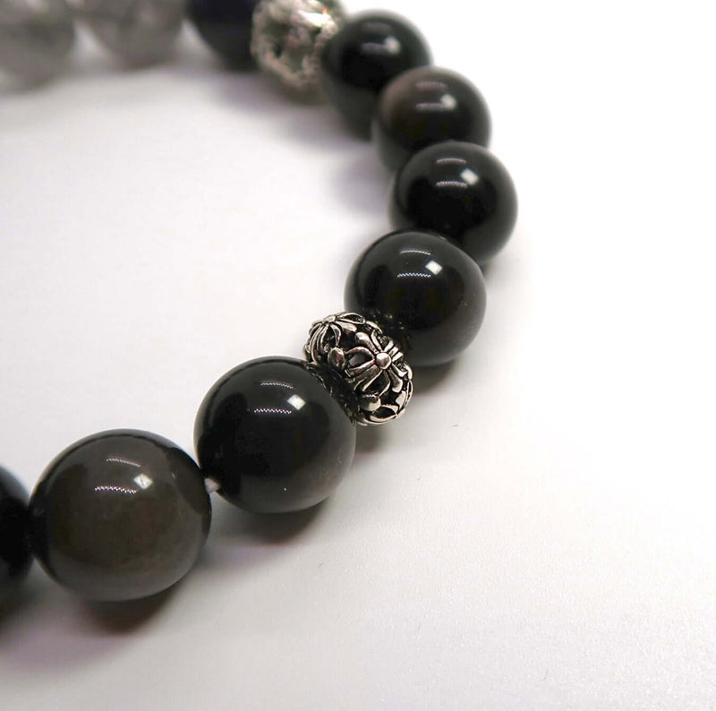 Natural Silver Obsidian&Black Rutilated Quartz Sterling Silver Bracelet - DXbracelet