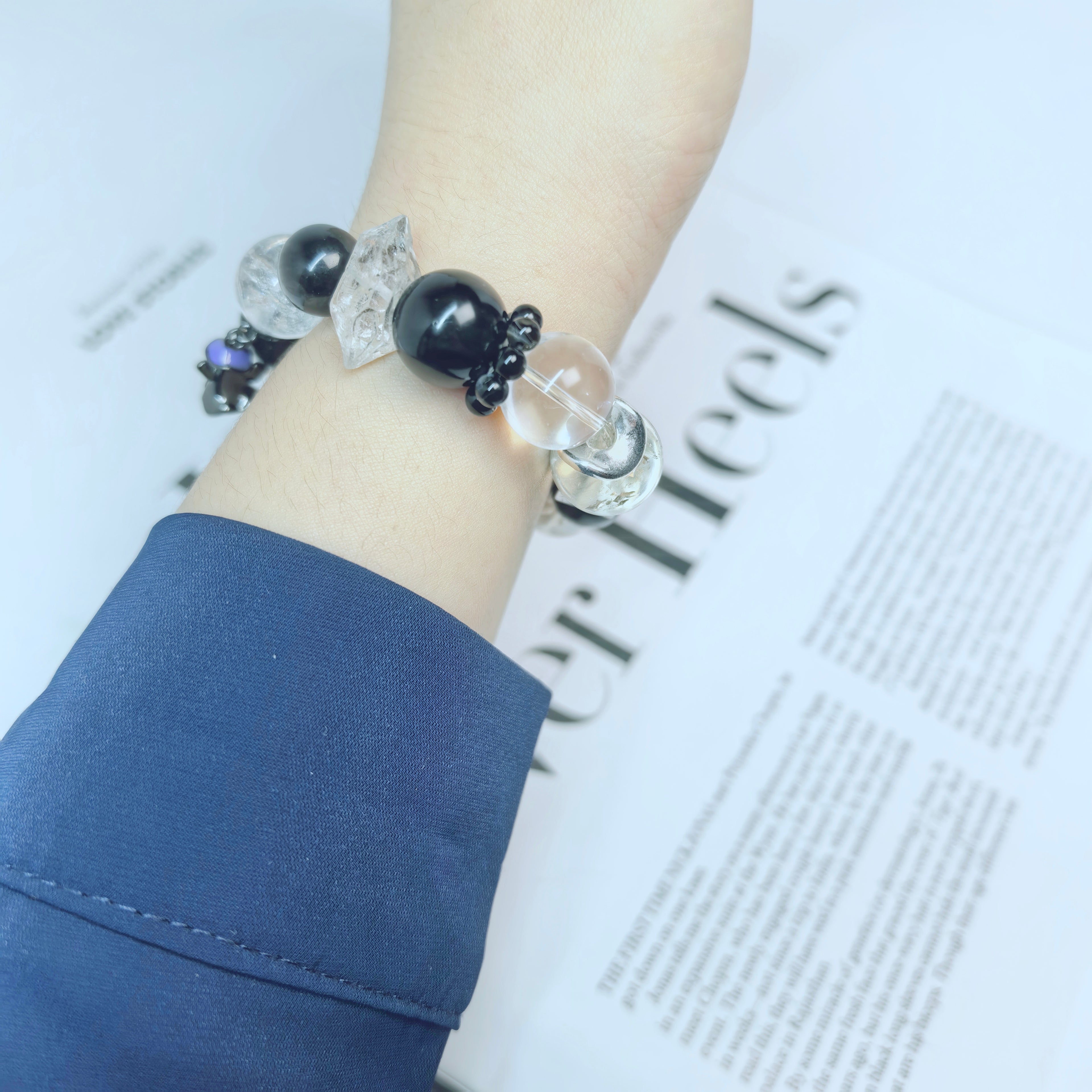 Bracelets fantômes pour couple (lui et elle) - Ensemble de 2 pièces avec obsidienne noire et quartz rose, bijoux assortis pour Halloween