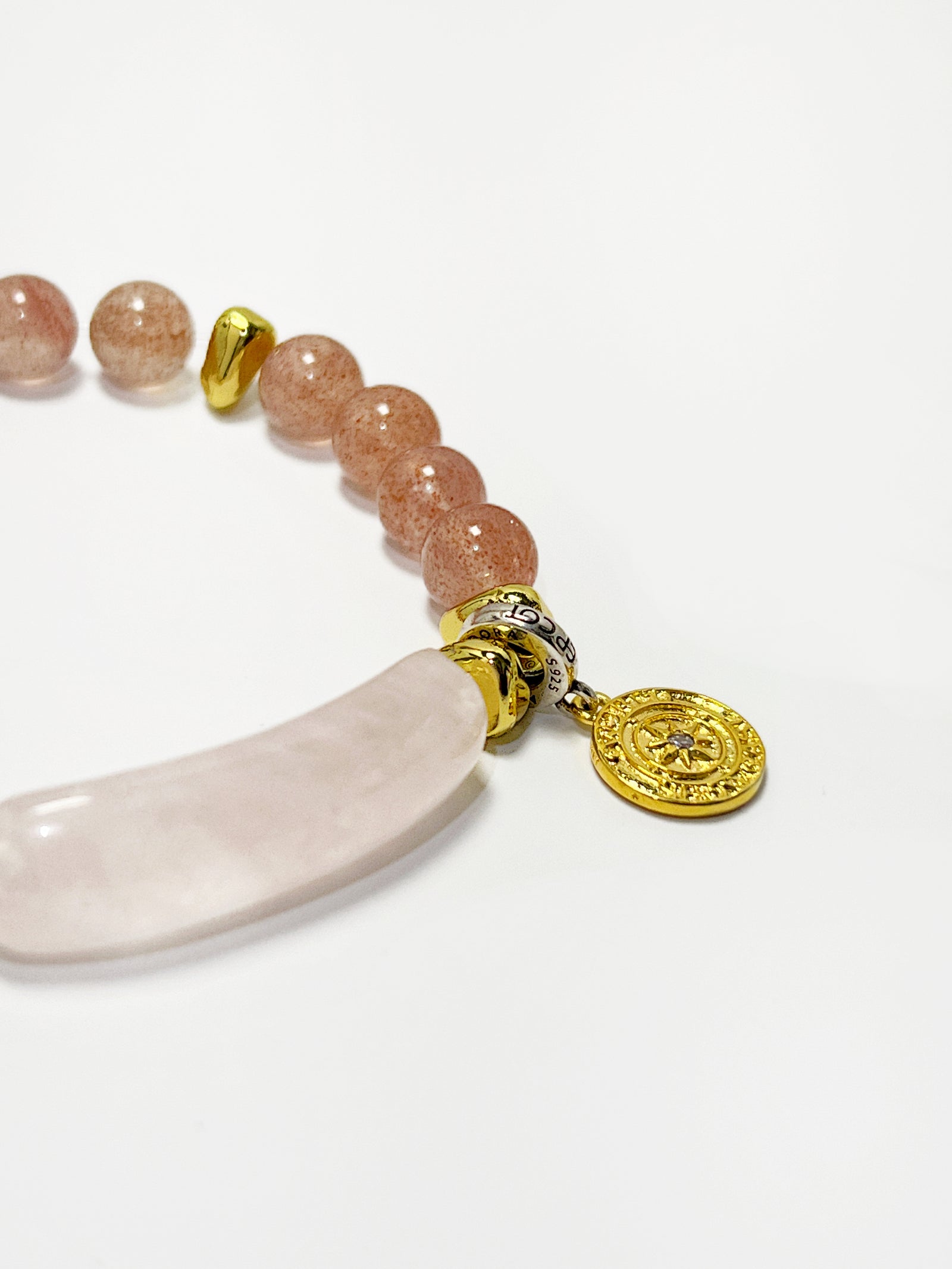 Pink Quartz Bead Bracelet with Silver Accents and Lucky Coin Charm
