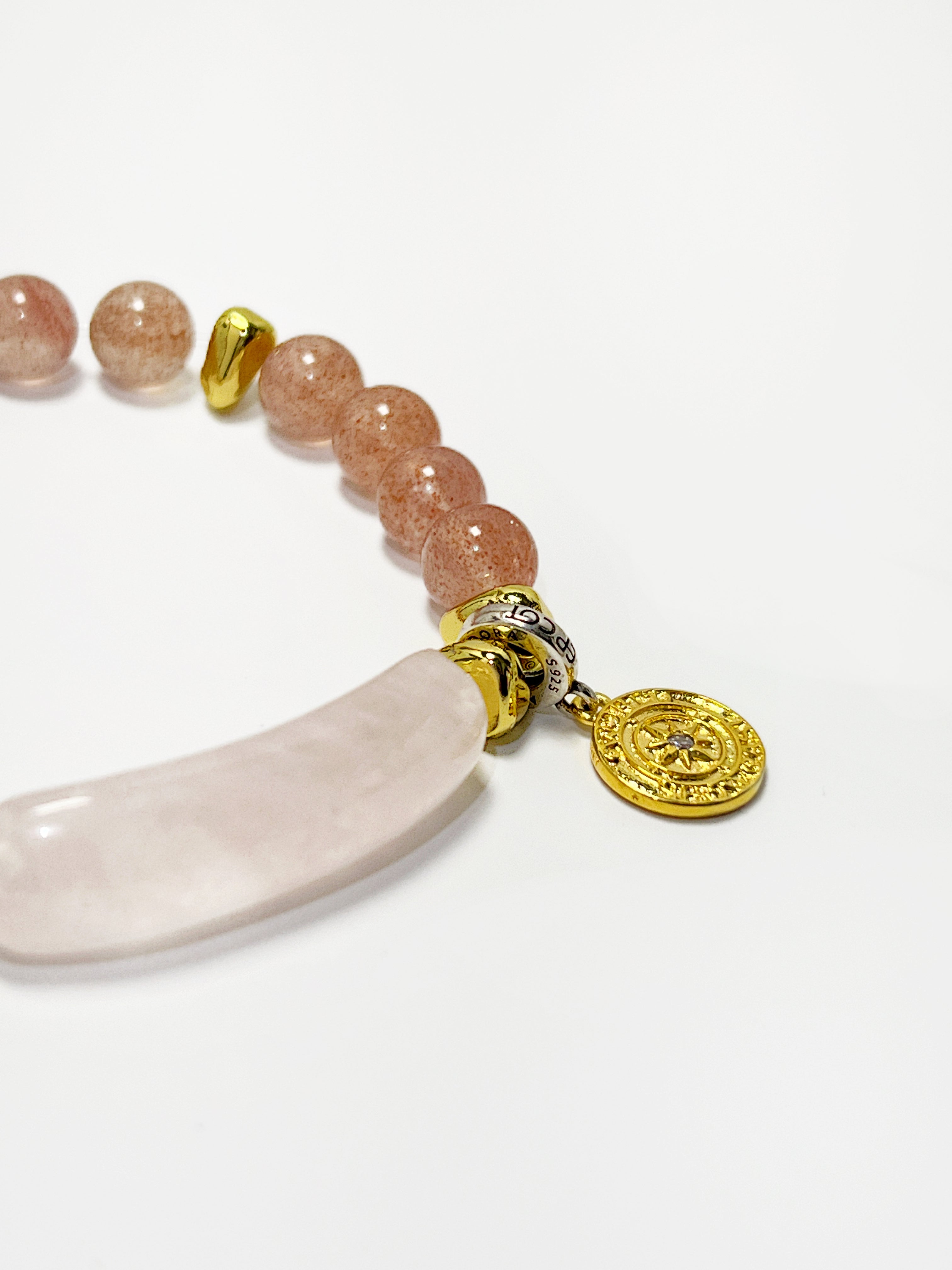 Pink Quartz Bead Bracelet with Silver Accents and Lucky Coin Charm