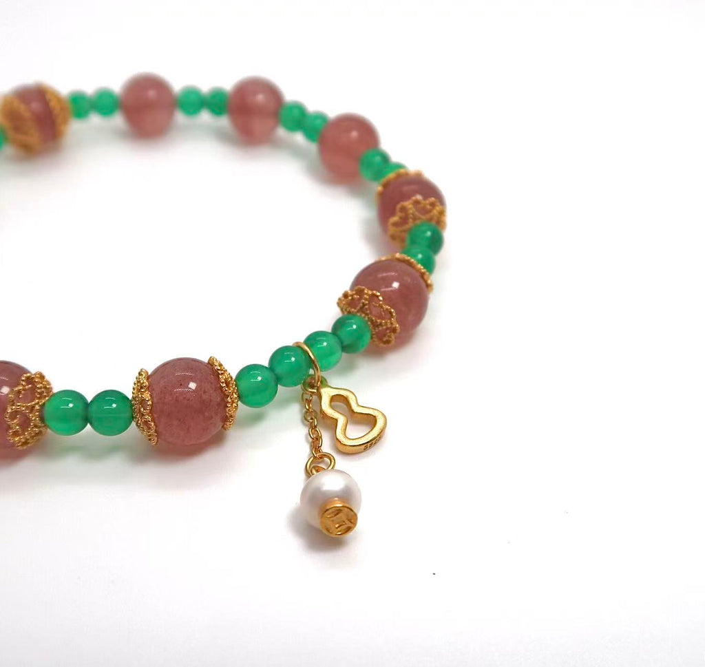 Handmade Strawberry Quartz & Green Agate Bracelet with Silver Gourd Charm