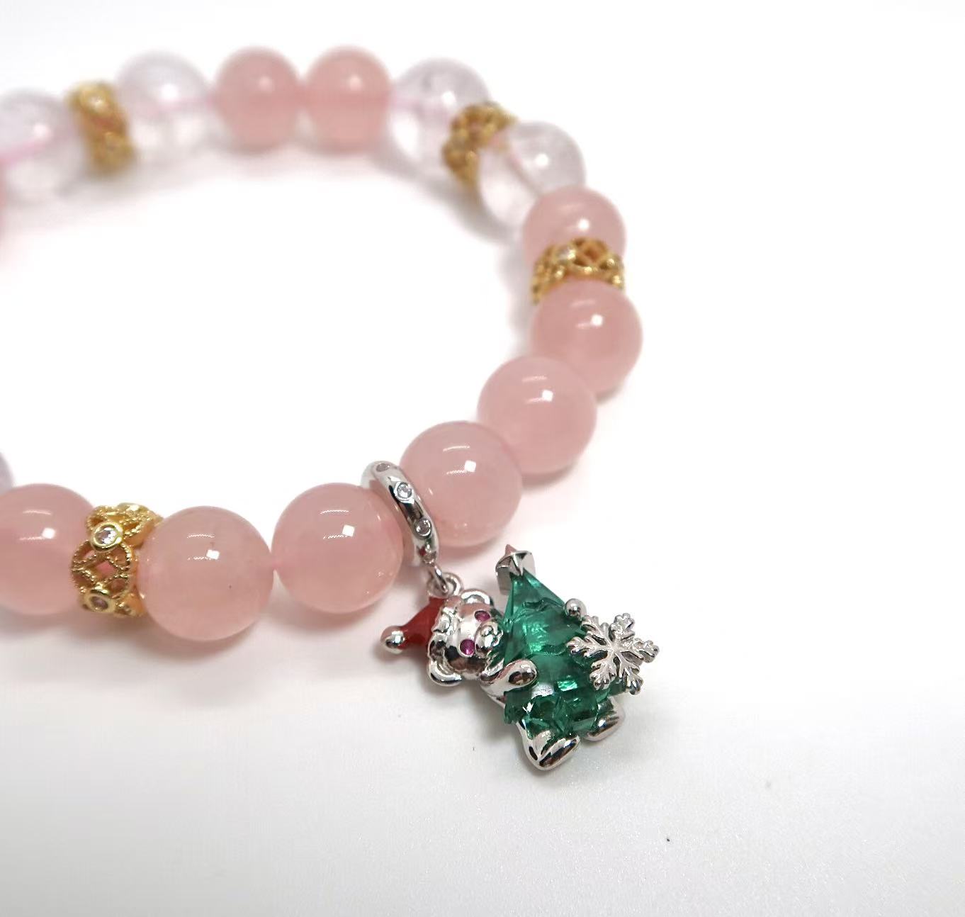 Pink and Lavender Quartz Christmas Bracelet with Bear Charm