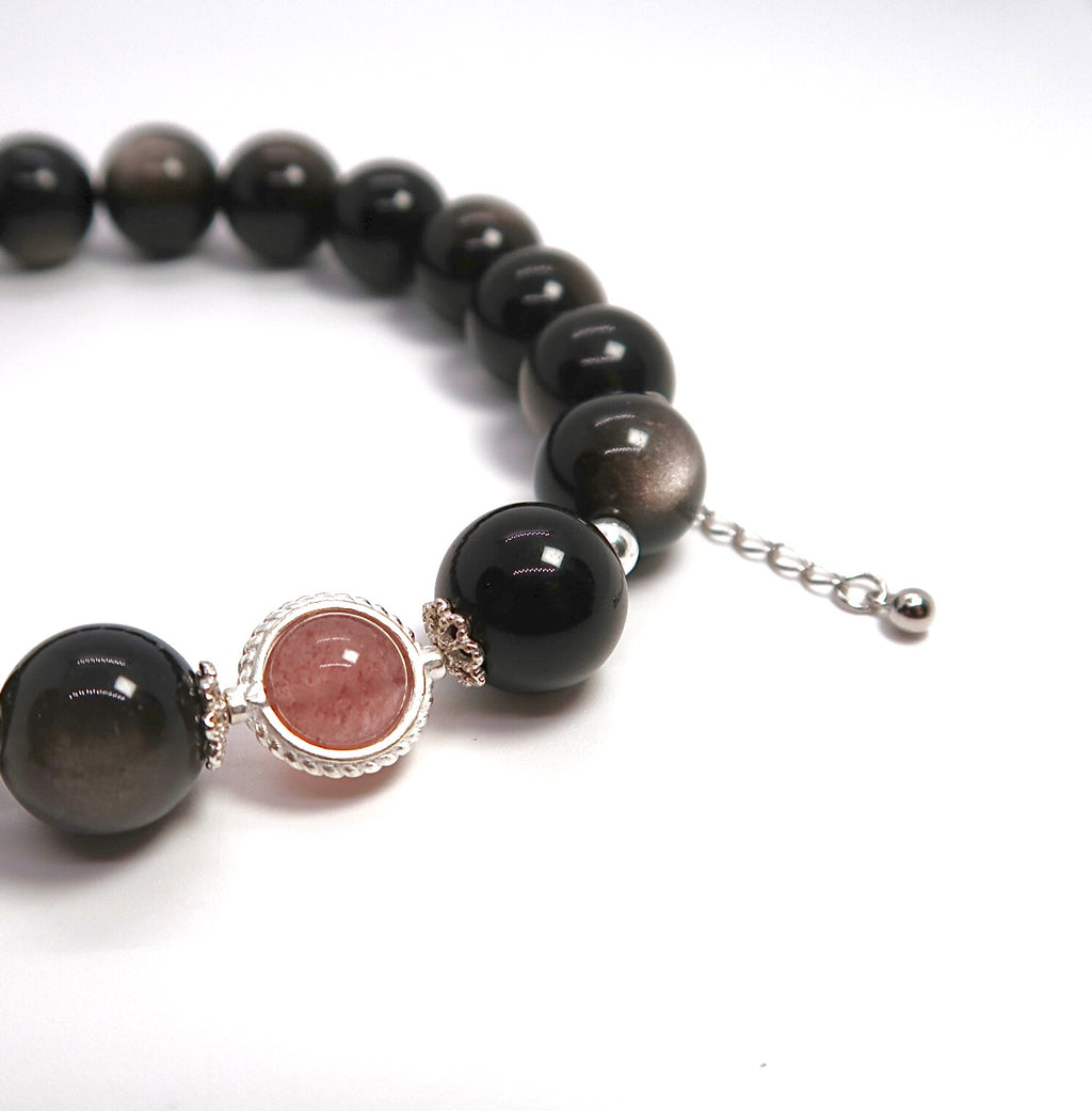 Sterling Silver Strawberry Quartz & Obsidian Bracelet - DXbracelet