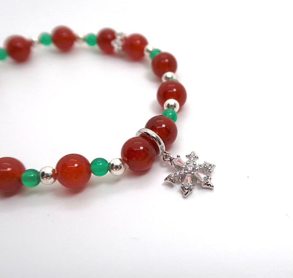 Red Dragon Vein & Green Agate Bracelet with Silver Snowflake Charm