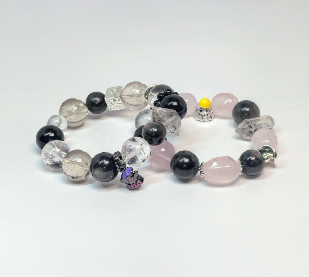 Bracelets fantômes pour couple (lui et elle) - Ensemble de 2 pièces avec obsidienne noire et quartz rose, bijoux assortis pour Halloween