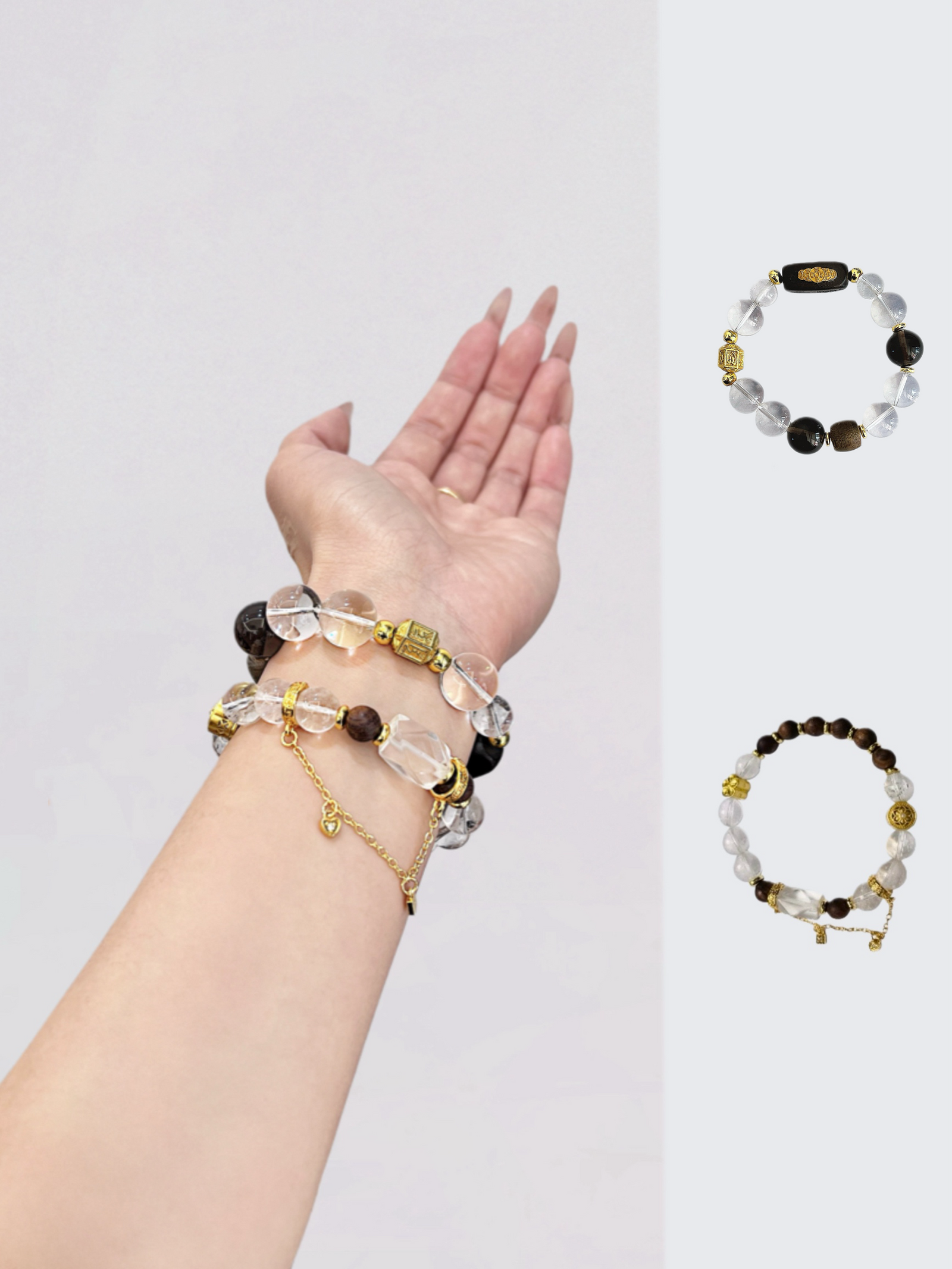 Bracelets assortis pour couple en cristal blanc naturel et ébène avec des accents dorés