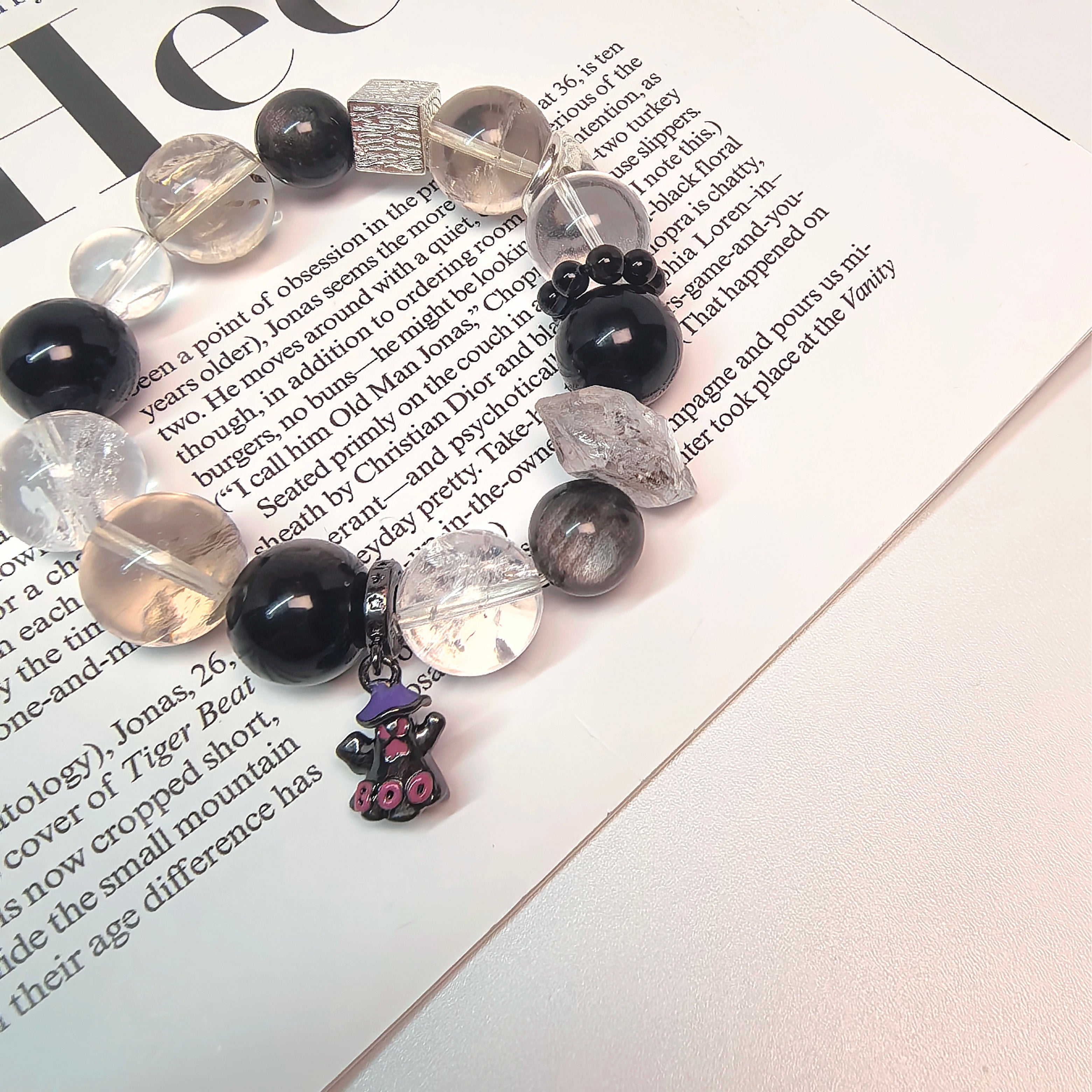 Bracelets fantômes pour couple (lui et elle) - Ensemble de 2 pièces avec obsidienne noire et quartz rose, bijoux assortis pour Halloween