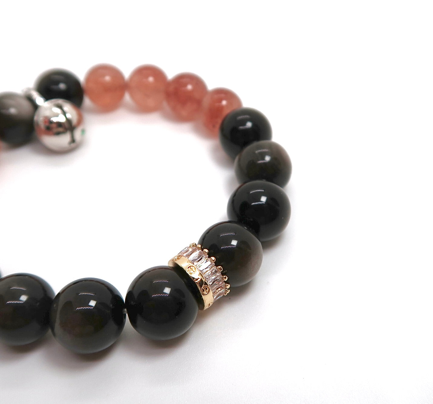 Handmade Silver Obsidian Strawberry Quartz Bracelet with Brass & Silver Charm
