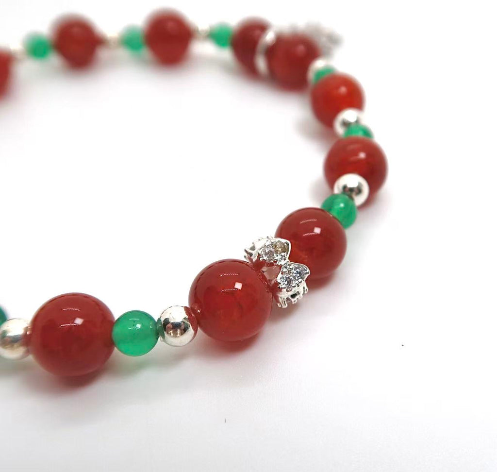 Red Dragon Vein & Green Agate Bracelet with Silver Snowflake Charm