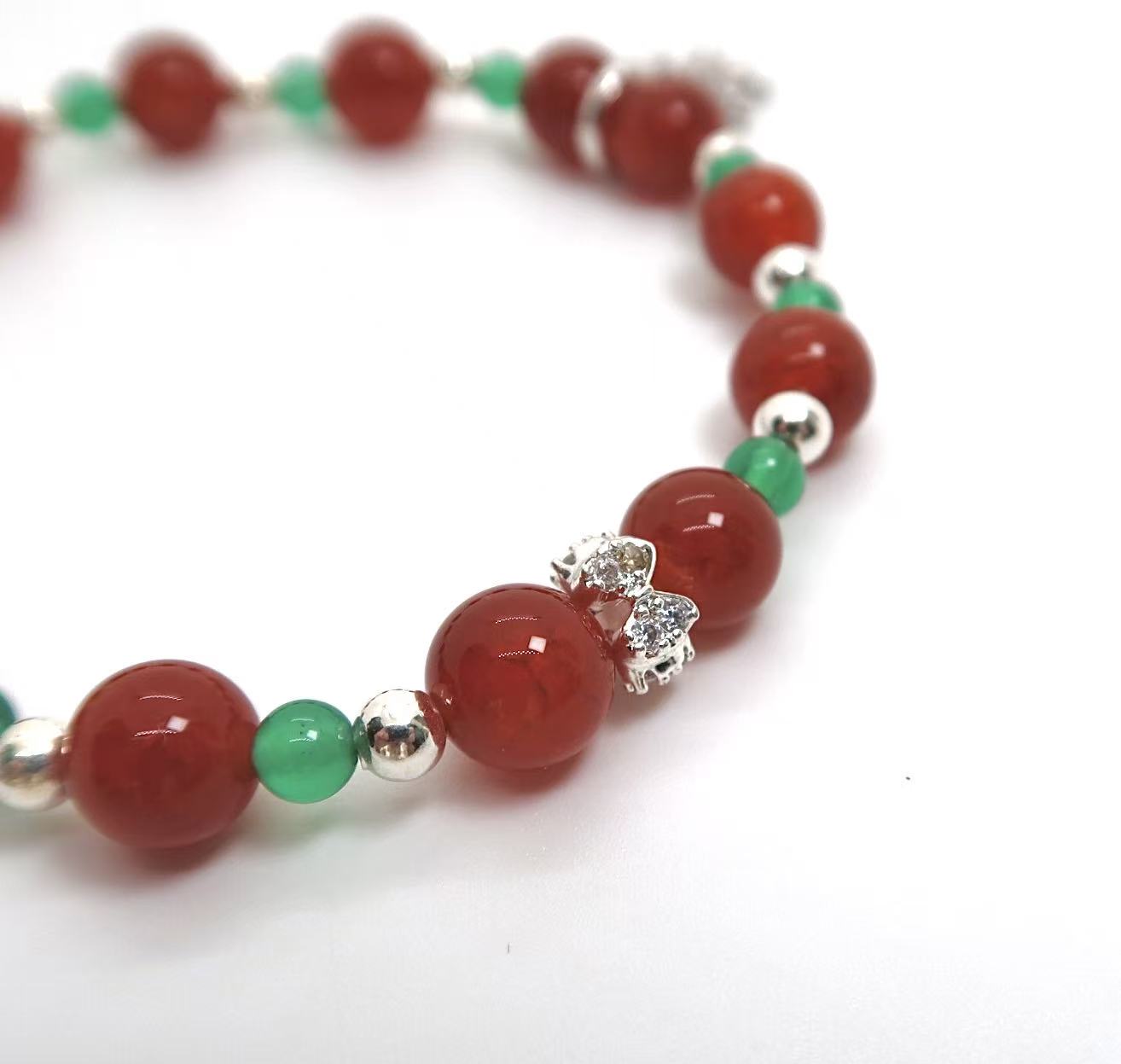 Red Dragon Vein & Green Agate Bracelet with Silver Snowflake Charm