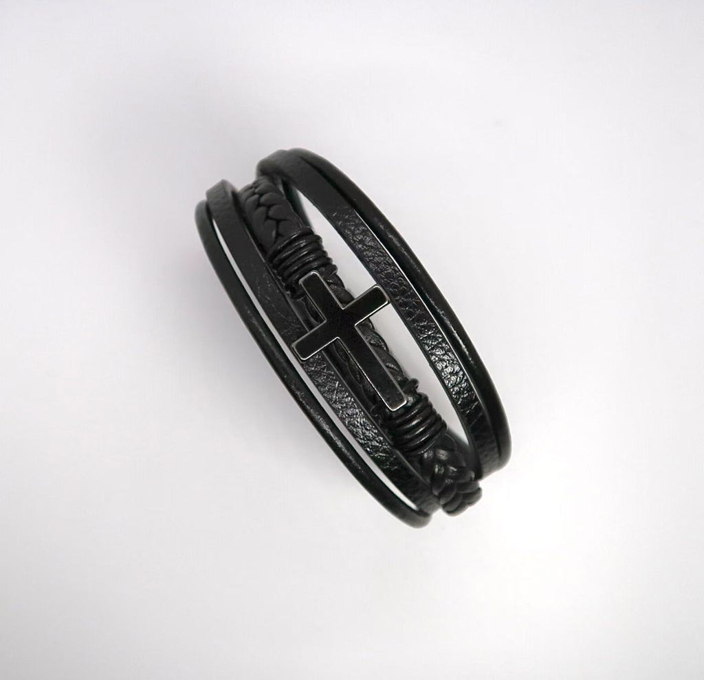 Cross Titanium Steel Bracelet with Braided Leather Accent