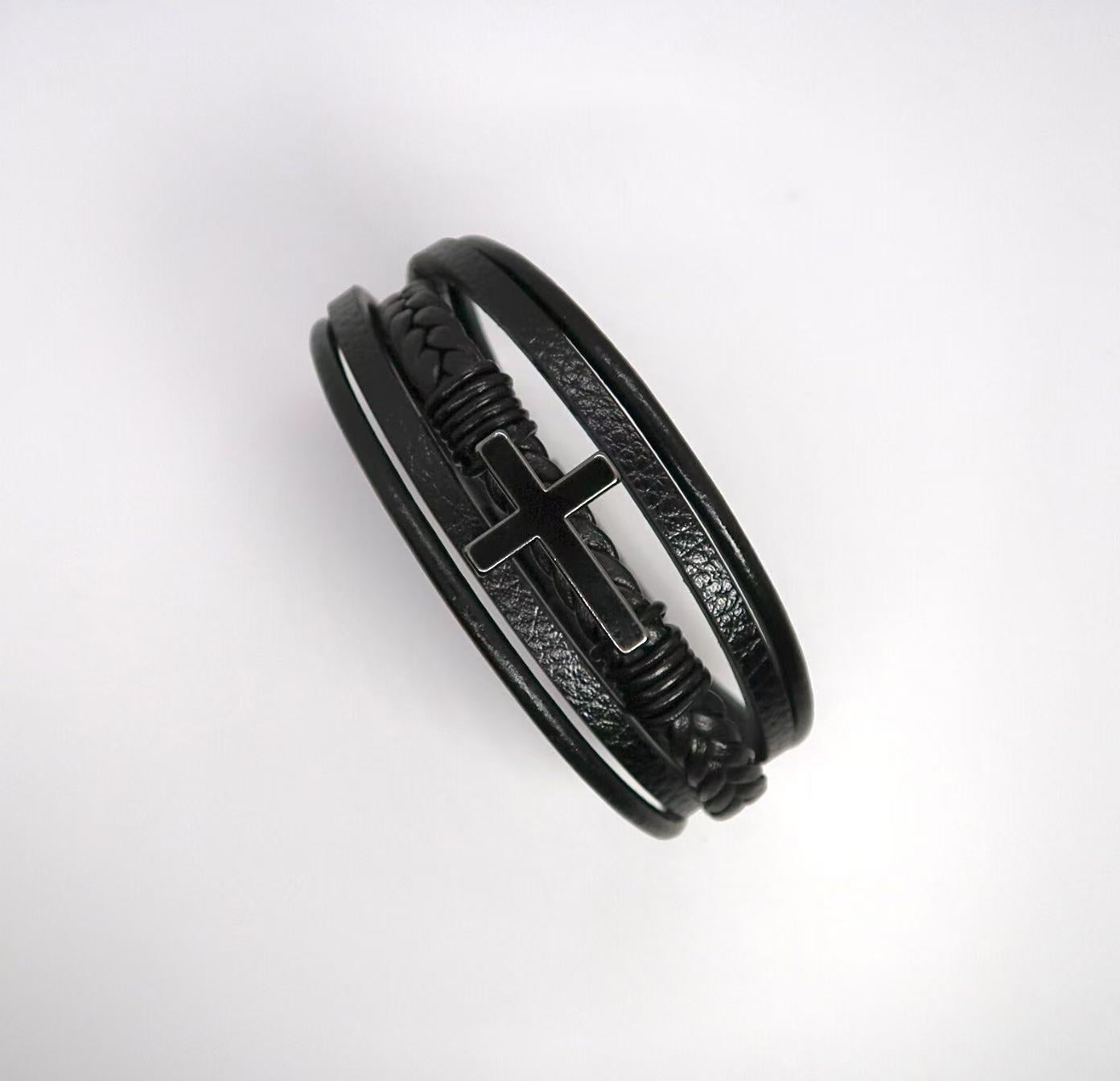 Cross Titanium Steel Bracelet with Braided Leather Accent