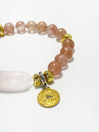 Pink Quartz Bead Bracelet with Silver Accents and Lucky Coin Charm