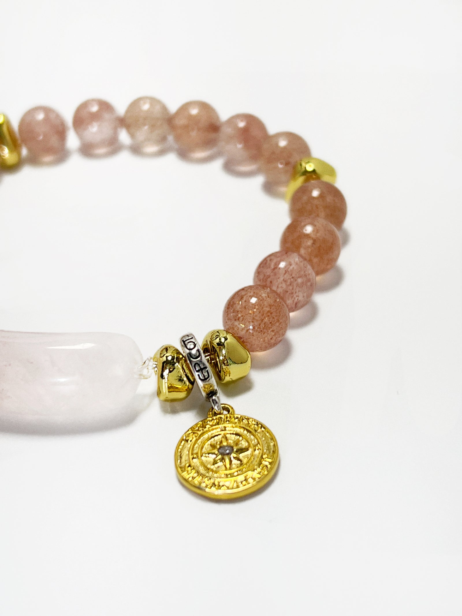 Pink Quartz Bead Bracelet with Silver Accents and Lucky Coin Charm