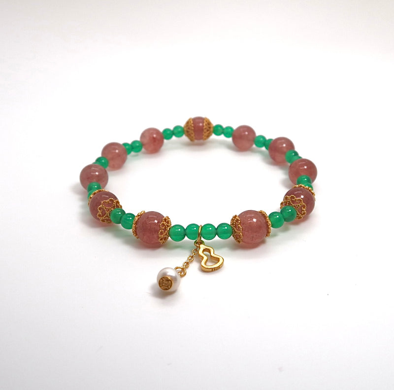 Handmade Strawberry Quartz & Green Agate Bracelet with Silver Gourd Charm